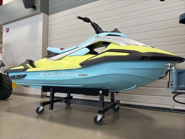 Slide: The Image of 2025 Yamaha Waverunners Jetblaster Pro in showroom, vibrant yellow and blue design. - 30