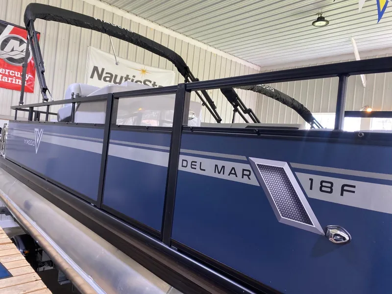 Slide: The Image of 2022 Viaggio Del Mar 18 Fish pontoon boat in showroom, side view. - 0