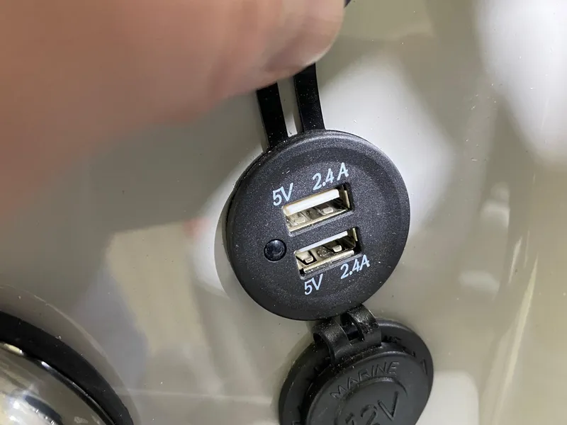 Slide: The Image of Dual USB charging ports on 2022 Viaggio Del Mar 18 Fish boat, 5V 2.4A output. - 14