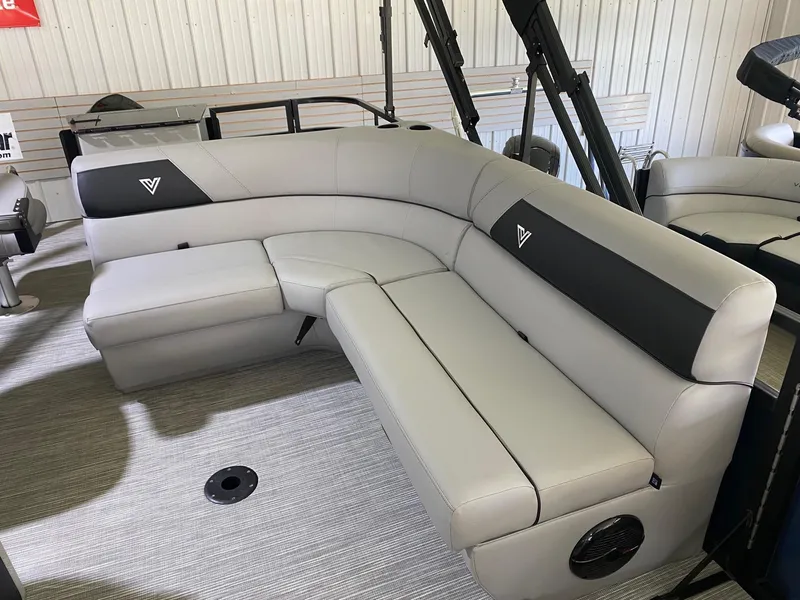 Slide: The Image of 2022 Viaggio Del Mar 18 Fish boat interior with gray cushioned seating. - 6