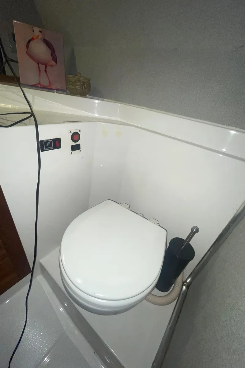 Slide: The Image of 1992 Bayliner 4588 Pilothouse bathroom with white toilet and cleaning brush. - 30