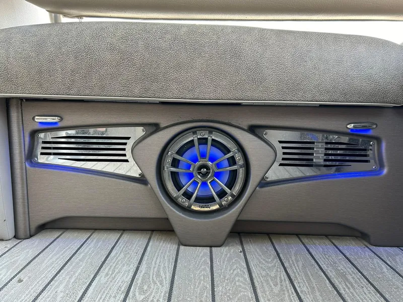 Slide: The Image of 2020 Avalon Catalina 2585 VRB boat speaker with blue LED lights on deck. - 42