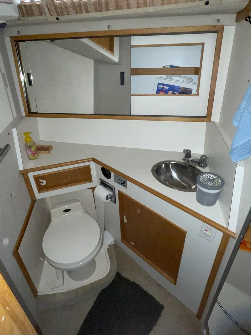 Slide: The Image of 1990 Sea Ray 390 Express Cruiser bathroom with sink, toilet, and mirror. - 35