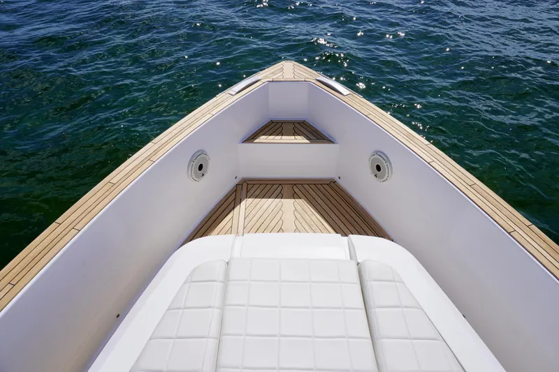 Slide: The Image of Bow view of 2020 Pardo Yachts 38 with teak decking on open water. - 10