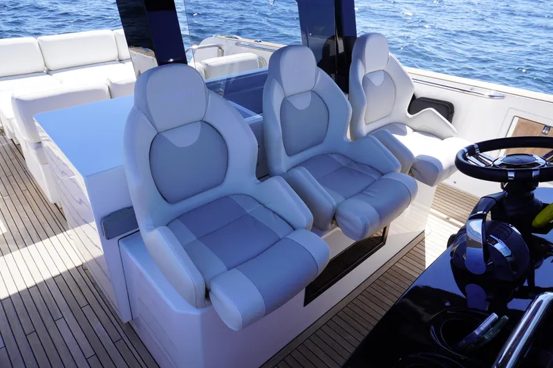 Slide: The Image of Luxury seating on 2020 Pardo Yachts 38, featuring sleek design and ocean backdrop. - 24