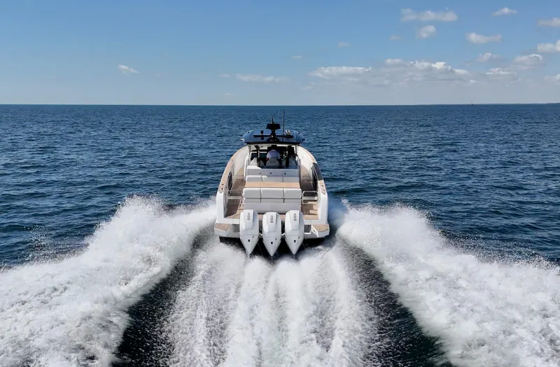 Slide: The Image of Pardo Yachts 38 (2020) cruising on open sea, leaving a wake behind. - 31