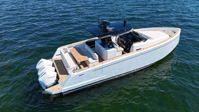 Slide: The Image of Pardo Yachts 38, 2020 model, cruising on open water with sleek design and powerful engines. - 8
