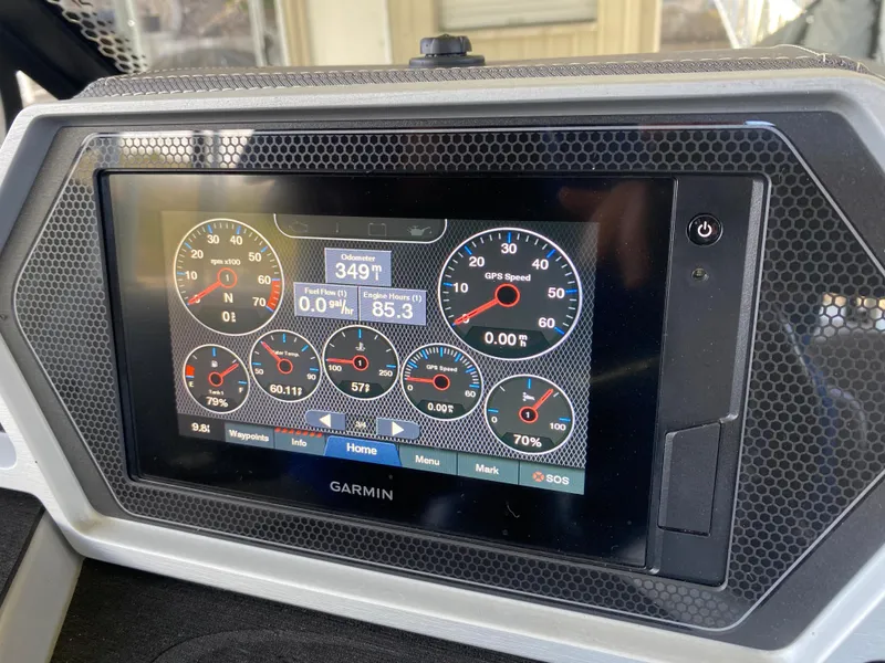 Slide: The Image of Garmin display on 2021 Manitou 25 Encore RF SHP Twin showing various gauges and metrics. - 13