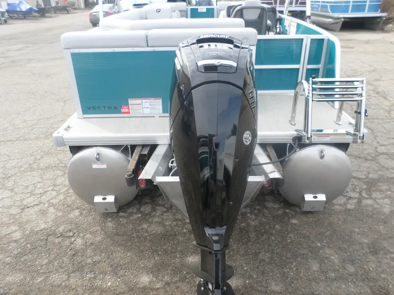 Slide: The Image of 2025 Princecraft Vectra 23 L pontoon boat with Mercury outboard motor, rear view. - 3
