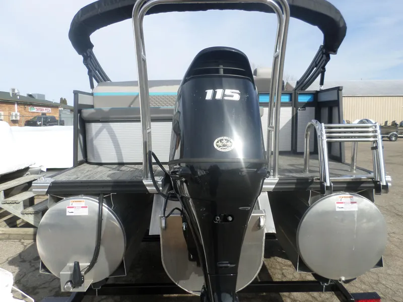 Slide: The Image of 2022 Apex Qwest 818 Lanai LTZ TRI pontoon boat with 115 HP engine, rear view. - 4