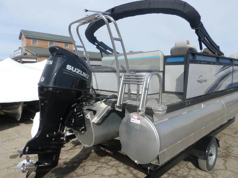 Slide: The Image of 2022 Apex Qwest 818 Lanai LTZ TRI pontoon boat with Suzuki outboard motor. - 6