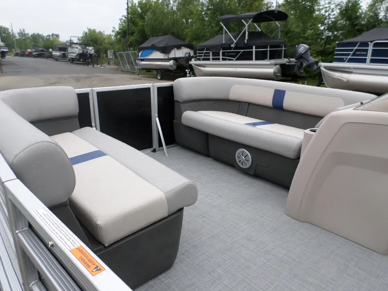 Slide: The Image of 2024 Princecraft Jazz 170 pontoon boat interior with spacious seating and modern design. - 4