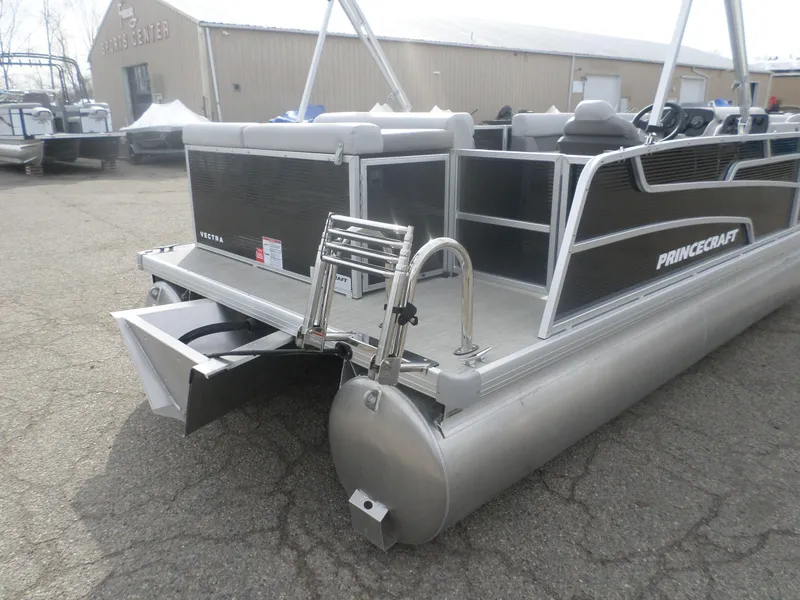 Slide: The Image of 2025 Princecraft Vectra19 L pontoon boat with sleek design and rear ladder. - 5