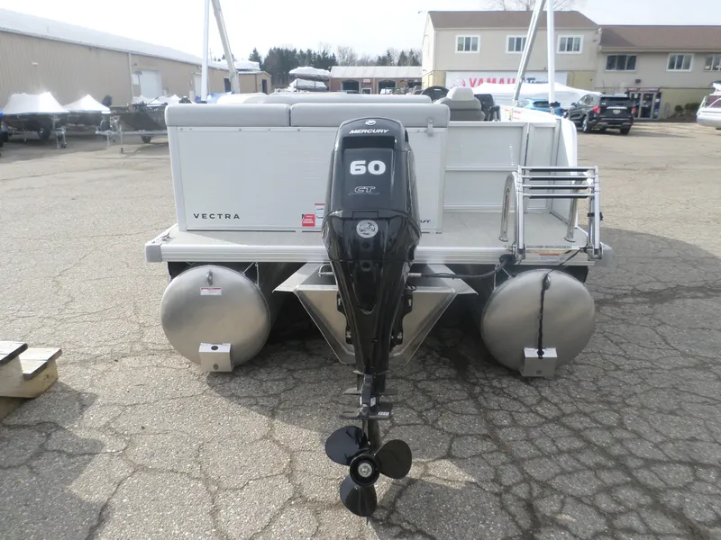 Slide: The Image of 2025 Princecraft Vectra 19 L pontoon boat with Mercury 60 HP engine, rear view. - 6