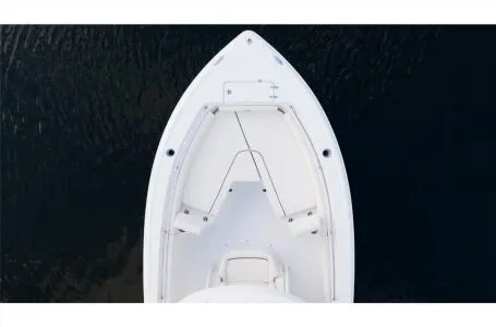 Slide: The Image of 2022 Sea Hunt Ultra 229 boat, aerial view, on dark water background. - 13