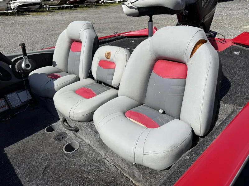 Slide: The Image of 2017 Tracker Pro Team 175 TXW boat seats, gray and red, slightly worn condition. - 12