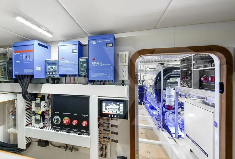 Slide: The Image of Engine room of 2023 Outer Reef Yachts 720 Azure, showcasing advanced electrical systems and controls. - 33