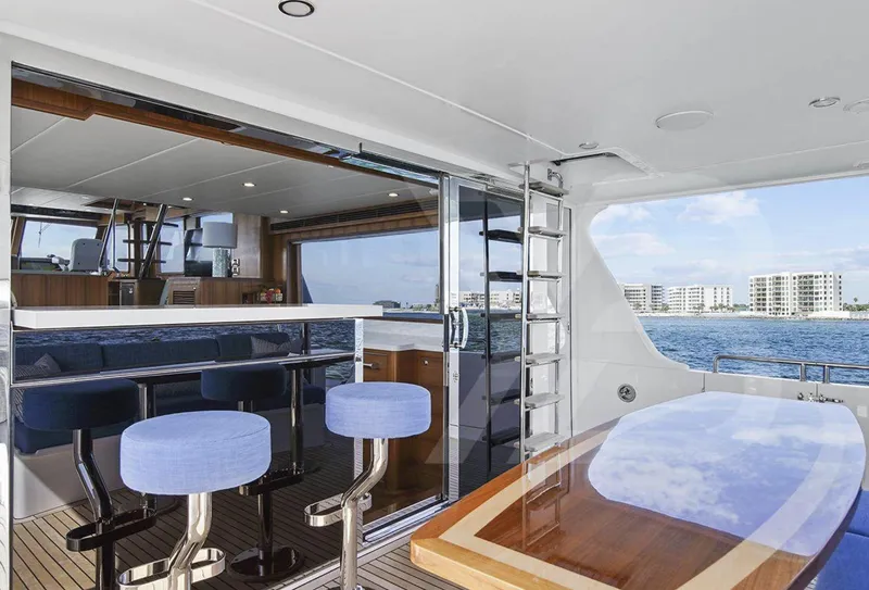 Slide: The Image of 2023 Outer Reef Yachts 720 Azure Custom Cockpit Motoryacht interior with ocean view and modern seating. - 9