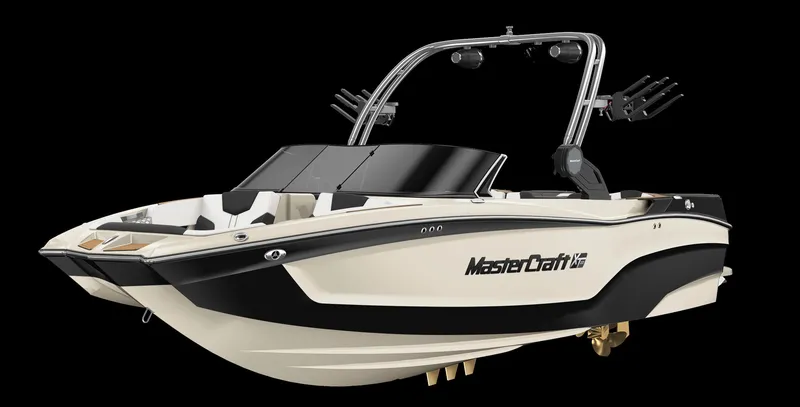 Slide: The Image of 2025 MasterCraft XT22 boat with sleek design and advanced features, displayed on a black background. - 1