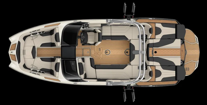 Slide: The Image of 2025 MasterCraft XT22 boat interior, top view, featuring sleek seating and modern design elements. - 3