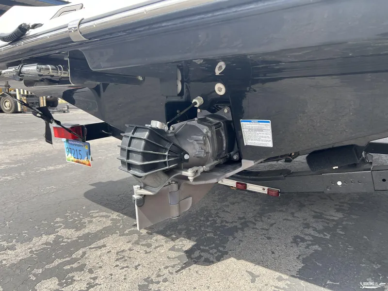 Slide: The Image of 2018 Yamaha Boats AR195 jet drive system, rear view, on a trailer. - 12