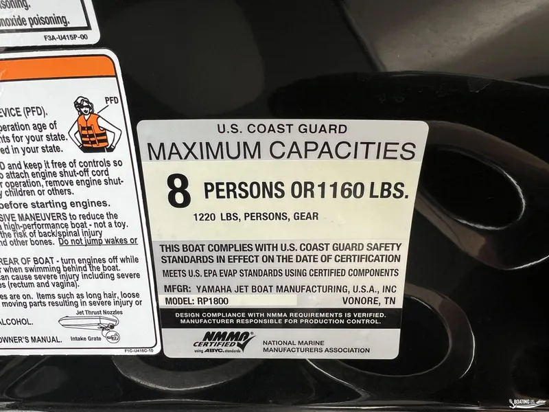 Slide: The Image of 2018 Yamaha Boats AR195 capacity label, 8 persons or 1160 lbs, U.S. Coast Guard compliant. - 15