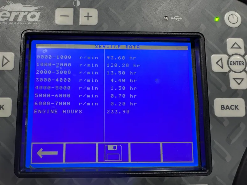 Slide: The Image of Display screen showing engine service data for a 2018 Bennington G 25 boat. - 14