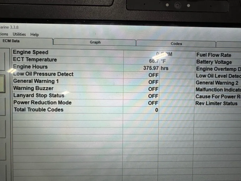 Slide: The Image of Diagnostic screen of a 2005 Rinker 282 Captiva Bowrider showing engine data and status codes. - 15