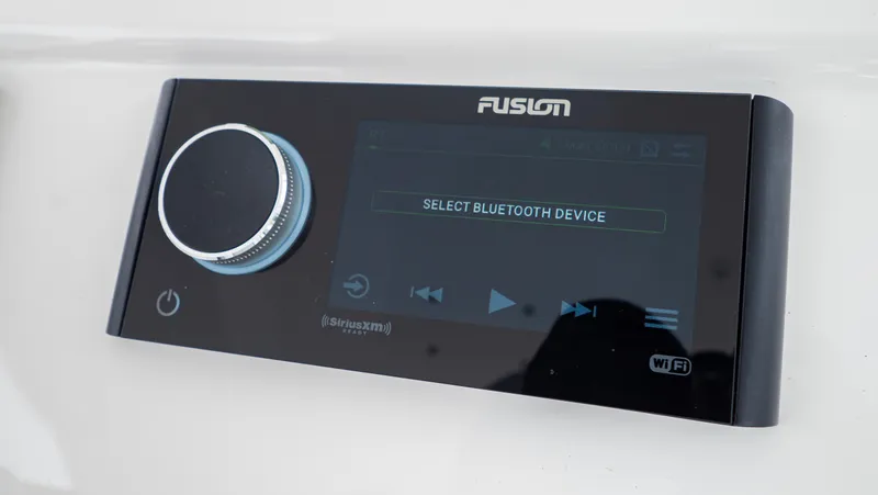 Slide: The Image of Fusion audio system display on 2022 Intrepid 409 Valor boat, showing Bluetooth selection. - 15