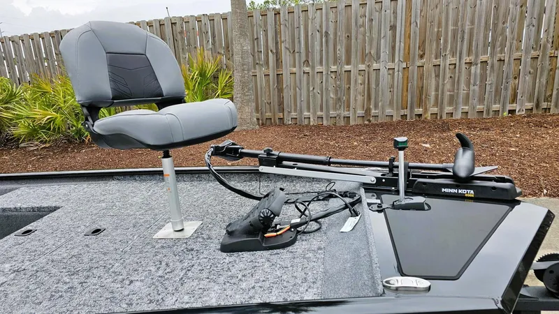 Slide: The Image of 2025 Tracker Pro 170 boat deck with seat and trolling motor. - 6