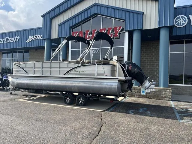 Slide: The Image of 2015 Godfrey 2500 FE BAR pontoon boat on trailer outside dealership. - 2