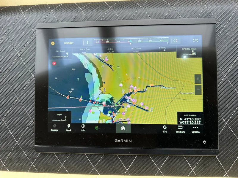 Slide: The Image of Garmin navigation display on 2008 Azimut 62 Evolution yacht, showing detailed marine map. - 49