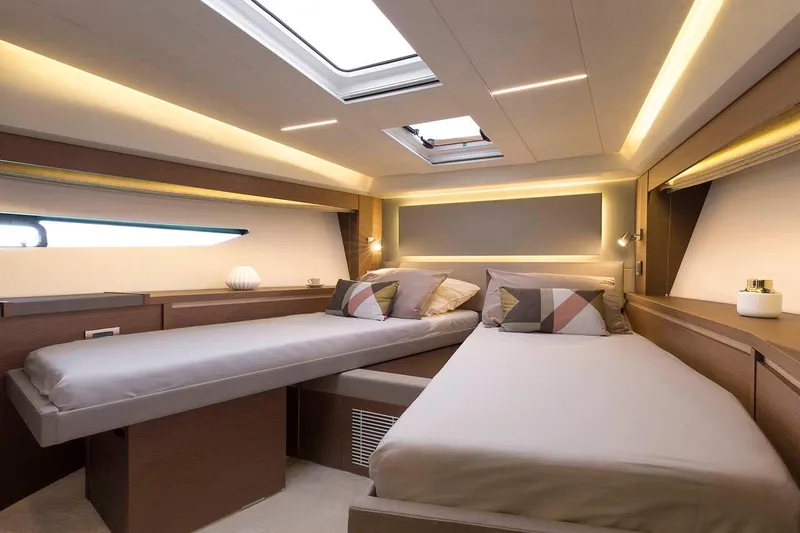 Slide: The Image of Luxurious cabin interior of 2019 Prestige 520S yacht with modern design and ambient lighting. - 14