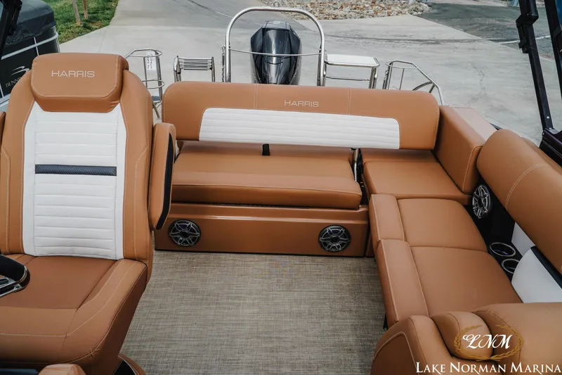Slide: The Image of 2023 Harris FloteBote 230 Solstice interior with tan and white seating at Lake Norman Marina. - 16