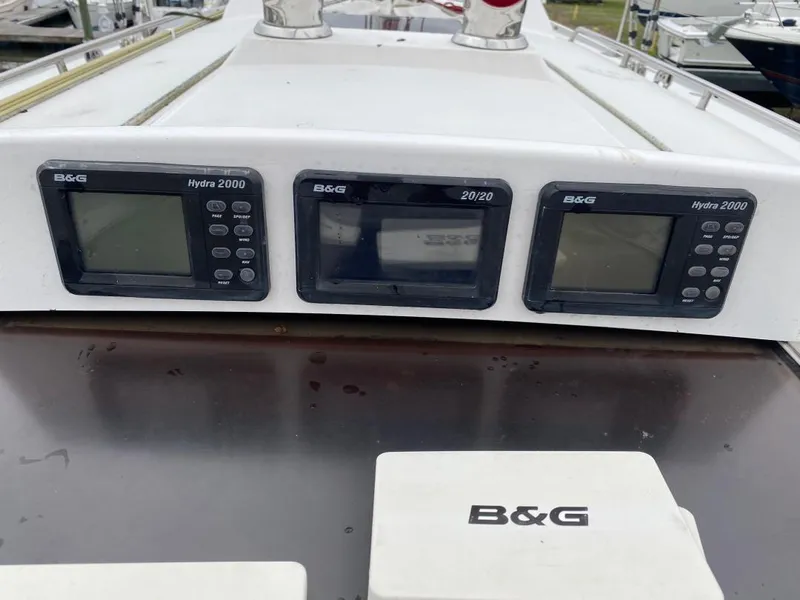 Slide: The Image of B&G navigation instruments on a 2000 J Boats J/46 yacht dashboard. - 46