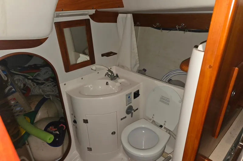 Slide: The Image of Interior of 2000 J Boats J/46 yacht bathroom with sink and toilet. - 65