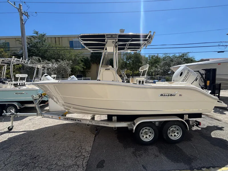 Slide: The Image of 2025 Bulls Bay 200 Center Console boat on trailer, parked outdoors under clear sky. - 2