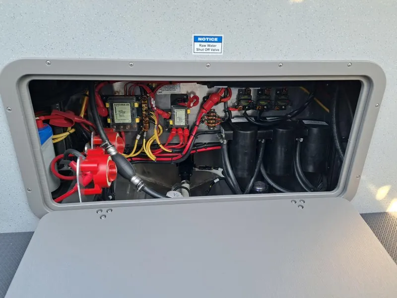Slide: The Image of Electrical compartment of 2025 Duckworth 28 Offshore boat, showcasing wiring and components. - 8