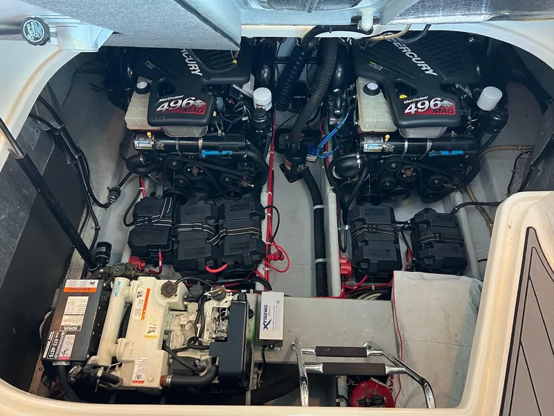Slide: The Image of Engine compartment of a 2004 Doral Boca Grande 36 with twin MerCruiser 496 MAG engines. - 34