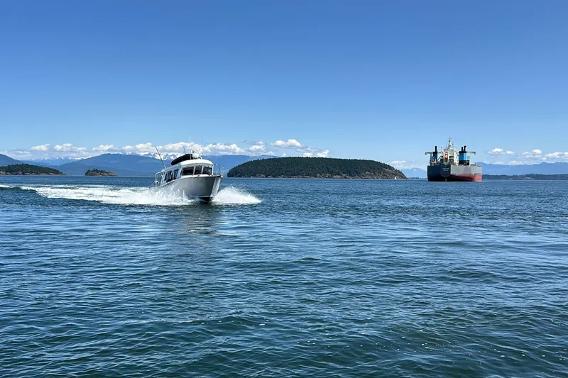 Slide: The Image of 2020 Coastal Craft 33 ProFish cruising on open water with distant cargo ship. - 8