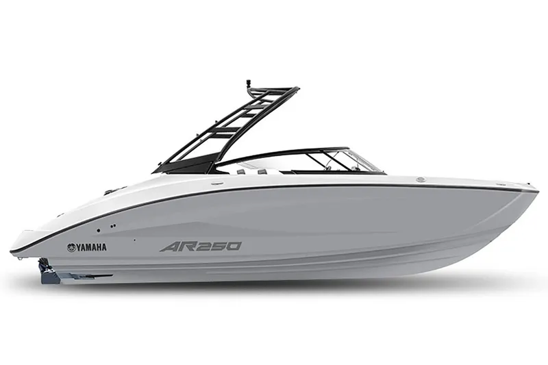Slide: The Image of 2025 Yamaha Boats AR250, sleek white design, side view. - 1