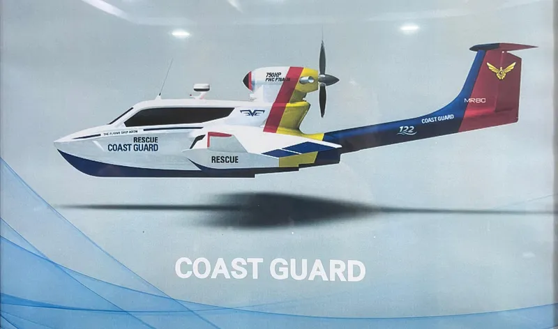 Slide: The Image of Coast Guard rescue aircraft Aron M 80, 2025 model, in flight with vibrant design. - 29