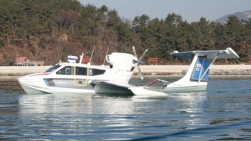 Slide: The Image of Futuristic Aron M 80 seaplane on water, 2025 model, with forested shoreline background. - 5