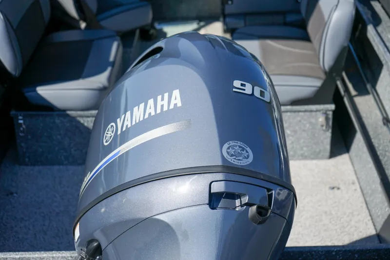 Slide: The Image of 2024 Alumaweld Talon 18 boat with Yamaha 90 outboard motor, interior seating view. - 5