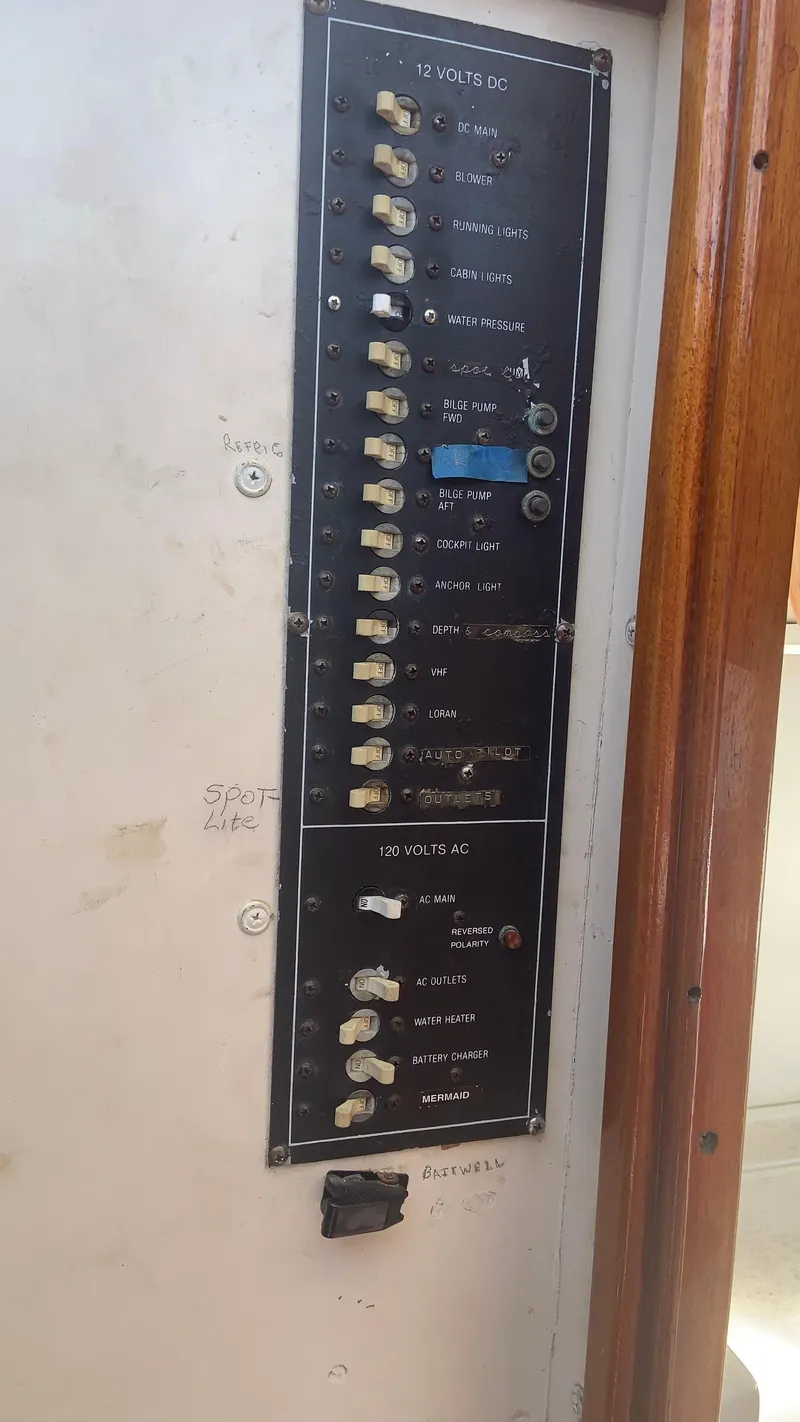 Slide: The Image of 1987 Luhrs Alura 30 electrical panel with switches and labels. - 21