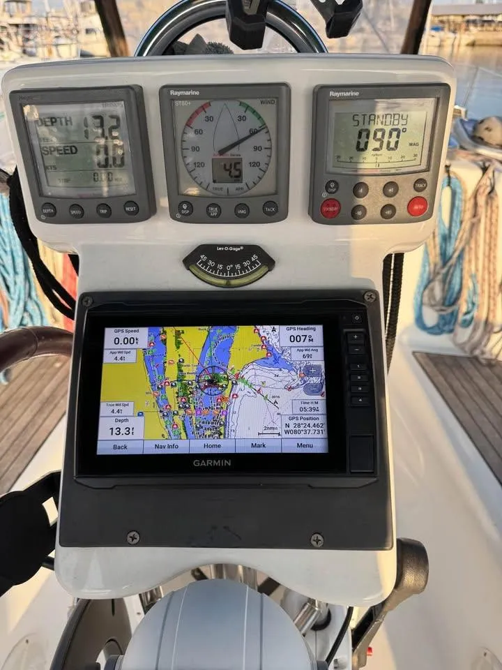 Slide: The Image of Beneteau Oceanis Clipper 343 cockpit with navigation instruments and Garmin GPS, 2008 model. - 16
