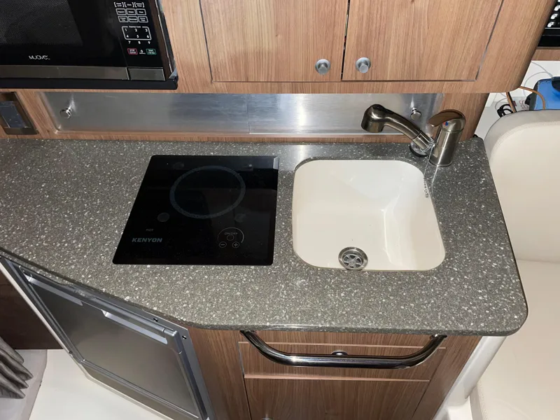 Slide: The Image of 2019 Boston Whaler 315 Conquest kitchen with sink, stovetop, and microwave. - 19
