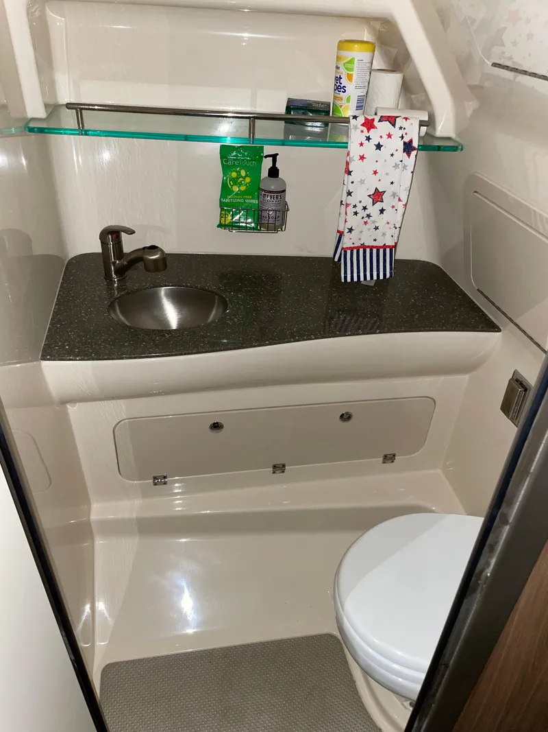 Slide: The Image of 2019 Boston Whaler 315 Conquest bathroom with sink, toilet, and storage. - 23