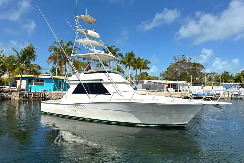 The Image of 1990 Viking 38 Convertible yacht docked in a tropical marina with palm trees. - 0