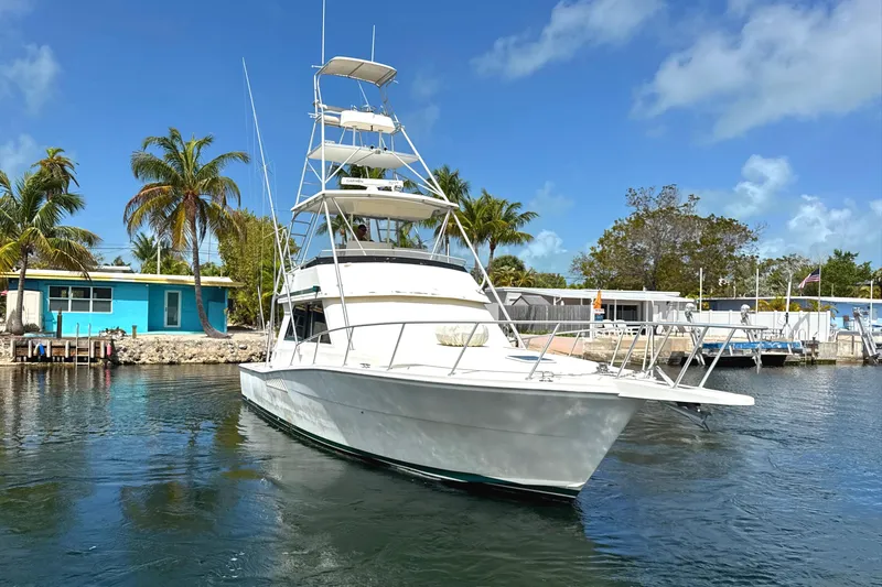 Slide: The Image of 1990 Viking 38 Convertible yacht docked near tropical palm trees and blue sky. - 10